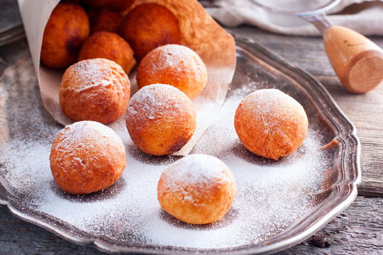 Donuts with powdered sugar, horizontal
