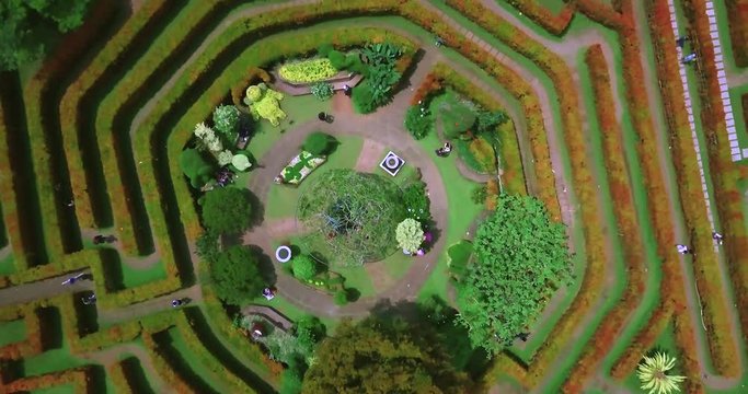 JAKARTA, Indonesia. April 25, 2017: Video footage of bird view of beautiful park labyrinth in Cipanas, West Java, Indonesia. Professional shot in 4K resolution