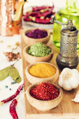 Spices and herbs on white background