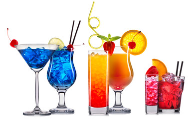 alcohol cocktail set on a white with fresh summer fruits