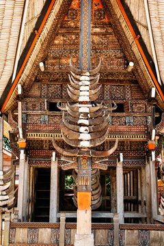 Part of tongkonan house with horns of buffaloes and wood carving and paintings, traditional torajan buildings. Ethnic village Kete Kesu in Tana Toraja, Rantepao, Sulawesi, Indonesia. Wide angle