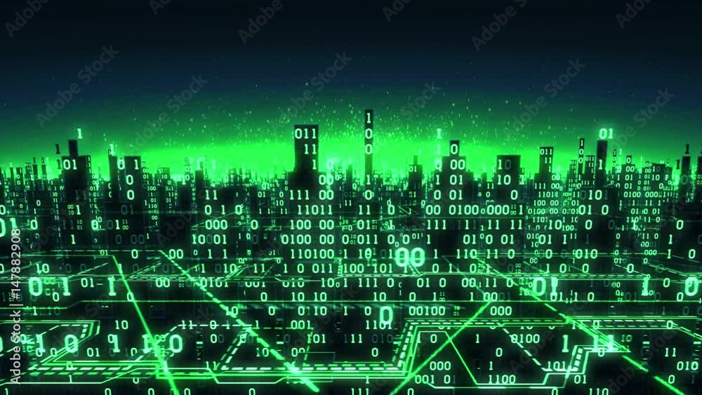Poster aerial view of abstract futuristic binary city, a high-tech background with digital arrays connected