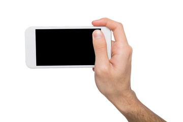 Male hands pointing on blank mobile phone screen