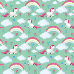 Fairy children seamless pattern with the image of cute unicorns. Colorful vector background
