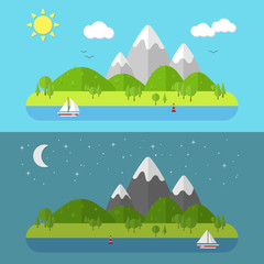 Flat nature landscape. Vector illustration with sun, moon, ship and stars.