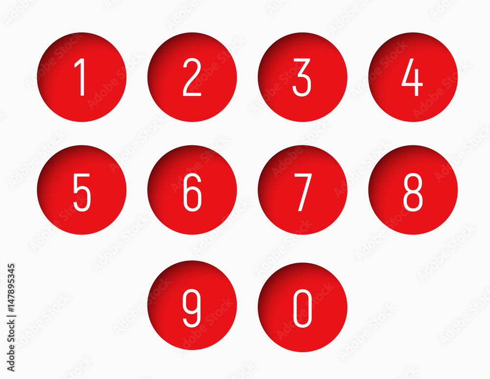 Aufkleber set of numbers from 0 to 9 with a round red shape