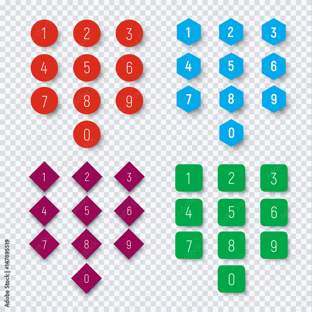 Poster Numbers from 0 to 9 on a round, square, hexagonal and rhombic button.