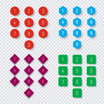 Numbers from 0 to 9 on a round, square, hexagonal and rhombic button.