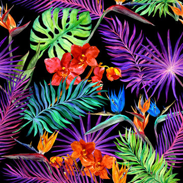 Tropical design for fashion: exotic leaves, orchid flowers in neon light. Seamless pattern. Watercolor