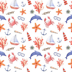 Watercolor hand drawn sea nautical seamless pattern
