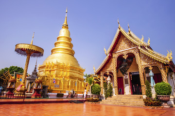 Fototapeta premium LAMPHUN-APRIL,21 :Wat Phra That Hariphunchai pagoda temple important religious traveling destination in northern province is the most famous temple.THAILAND APRIL,21 2017