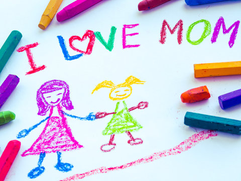 Kid drawing of mother holding her daughter for happy mother's day theme