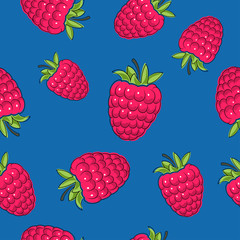 Seamless Pattern of Raspberries, Fruit Berry Pattern on Blue Background, Vector Illustration