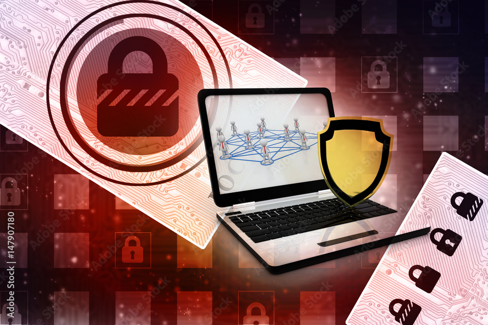 Poster laptop with shield. isolated 3d rendering image
