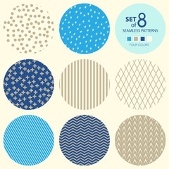 Set of Eight Round Geometric Seamless Patterns, Four Colors, Plus Sign and Strip, Rhombus and Polka Dots, Wave and Herringbone, Stars,Vector Illustration