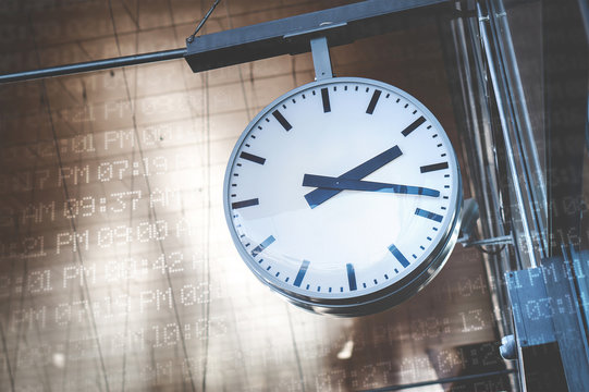 Time management and scheduling concept. Analog clock surrounded with digital time codes, AM and PM.