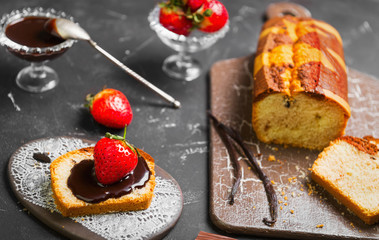 Strawberry bruschetta with chocolate sauce