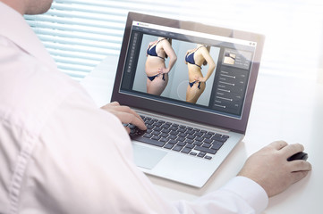 Editor retouching an image of a woman in bikini for marketing or advertisement. Heavy makeover with photo editing software from chubby to skinny. Standard of beauty and body image concept.