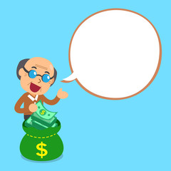 Cartoon senior man and money bag with white speech bubble