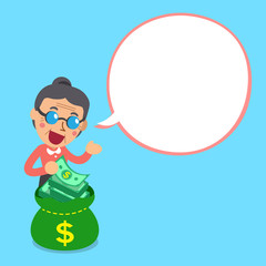 Cartoon senior woman and money bag with white speech bubble