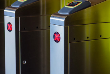 Myki ticket gate showing a red exit cross at Flinders Street Train Station, Melbourne, Australia