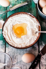 Ingredients for ravioli dough.  Flour and egg. 