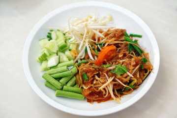 Closeup of Pad Thai, Stir-fried noodle and pork, Traditional thai food recipe.