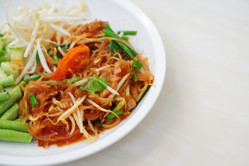 Closeup of Pad Thai, Stir-fried noodle and pork, Traditional thai food recipe.