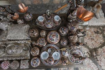 Traditional handcrafted copper coffee pots in souvenir shops in Sarajevo. Bosnia and Herzegovina.