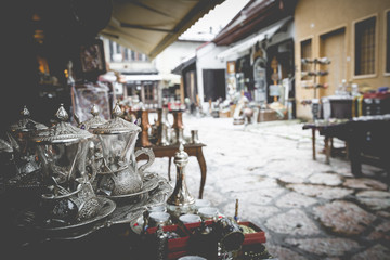 Copper product as souvenir for visitors and tourists in Old Town Sarajevo. Bosnia and Herzegovina.
