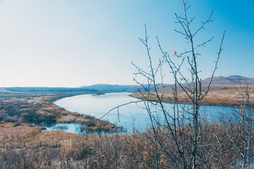 a moutain landscape with a river ,lake in forest in Inner Mongolia Hulunbeier