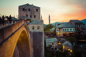 Old bridge in Mostar at night . Bosnia and Herzegovina