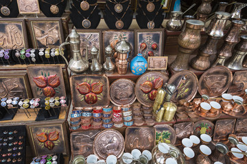 Copper product as souvenir for visitors and tourists in Old Town Mostar. Bosnia and Herzegovina.