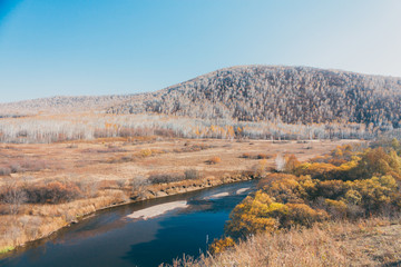 a moutain landscape with a river ,lake in forest in Inner Mongolia Hulunbeier
