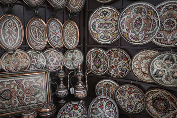 Colorful ceramic souvenirs for sale on the street in Old Town Mostar. Bosnia and Herzegovina.