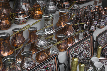 Copper product as souvenir for visitors and tourists in Old Town Mostar. Bosnia and Herzegovina.