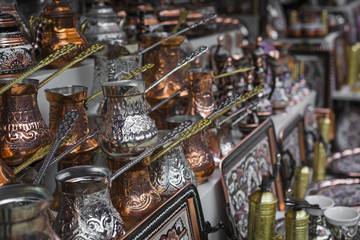 Copper product as souvenir for visitors and tourists in Old Town Mostar. Bosnia and Herzegovina.