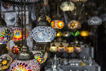 Colorful retro arabian lanterns in Mostar, Bosnia and Herzegovina - obrazy, fototapety, plakaty