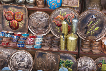 Copper product as souvenir for visitors and tourists in Old Town Mostar. Bosnia and Herzegovina.