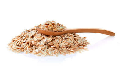 Rolled Oats in spoon wooden on white background