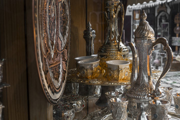 Copper product as souvenir for visitors and tourists in Old Town Sarajevo. Bosnia and Herzegovina.
