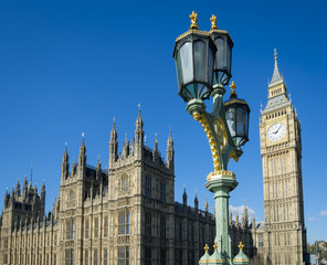 Bright scenic morning view of Big Ben and the Houses of Parliament at Westminster Palace in London, UK