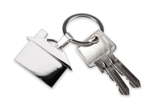 home keys with house keychains isolated on white background / Schl&uuml;sse zum Eigenheim mit Haus Schl&uuml;sselanh&auml;nger isoliert