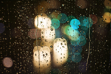 rainy days ,rain drops on the window with traffic bokeh light