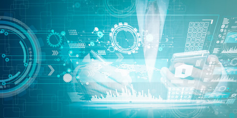 Technology and multi media concept, Mixed media of technology background and business man 
