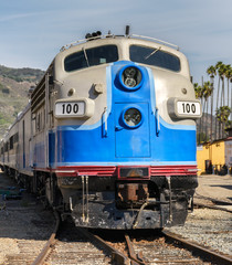 Vintage diesel train locomotive in Fillmore, California; front view
