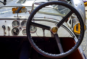 Close-up of the cockpit of vintage retro sports car