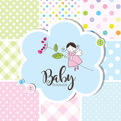 Baby shower invitation card. Baby arrival card. 
Seamless patterns at the background. 