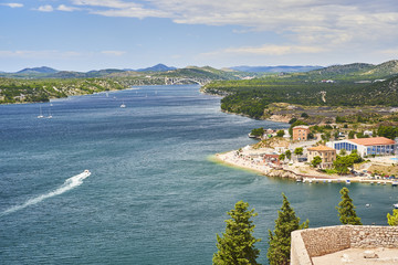 Top view of Sibenik and Adriatic Sea / Croatia