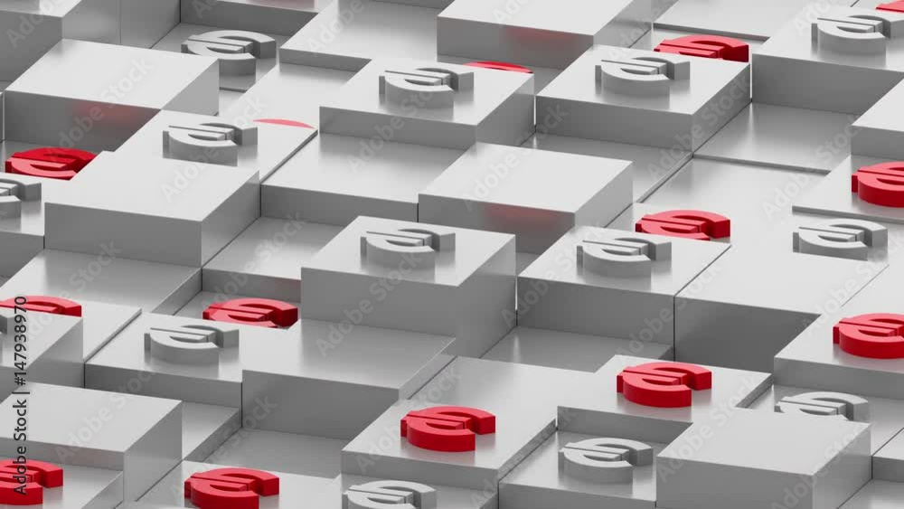 Poster abstract 3d render of box in perespective. currency sign on the top of square primitives. cubes with